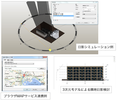 Autodesk Revit では、Microsoft Bing Map の正確な緯度経度と、Revit の BIM モデルを連携させた正確な日影のシミュレーションが可能。